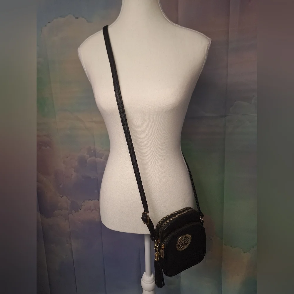 Fashion Black Gold Crossbody Bag Adjustable Strap Tassel